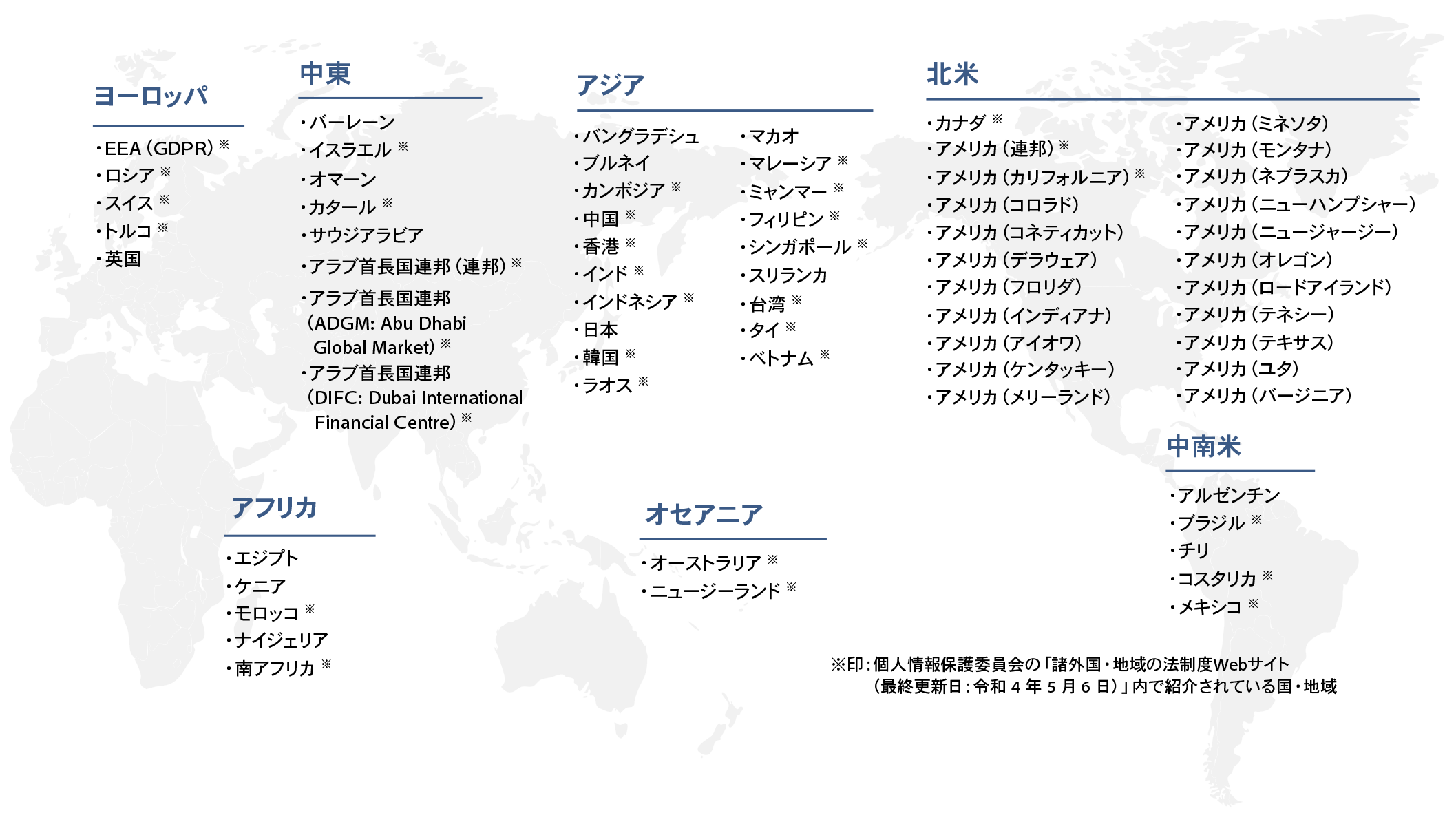 プライバシー保護規制調査レポートが対応している国・地域のMAP