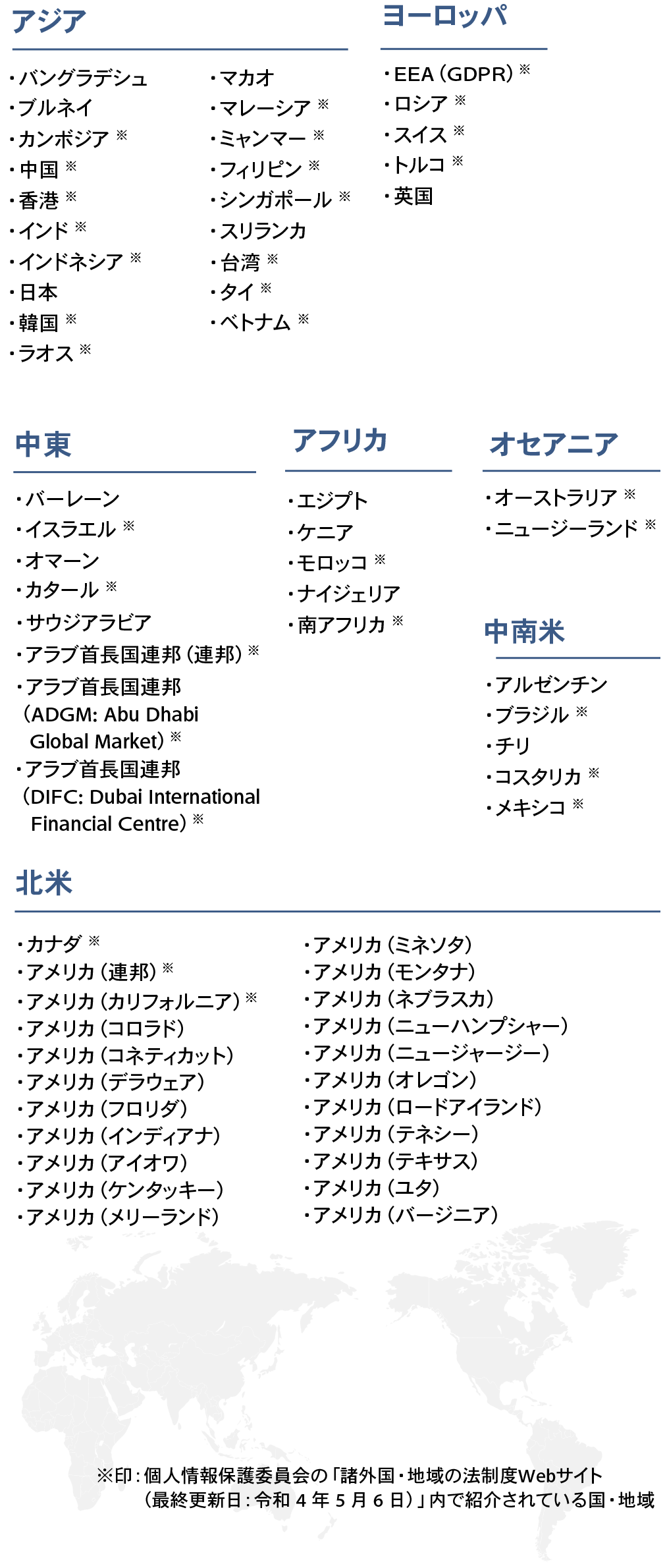 プライバシー保護規制調査レポートが対応している国・地域のMAP