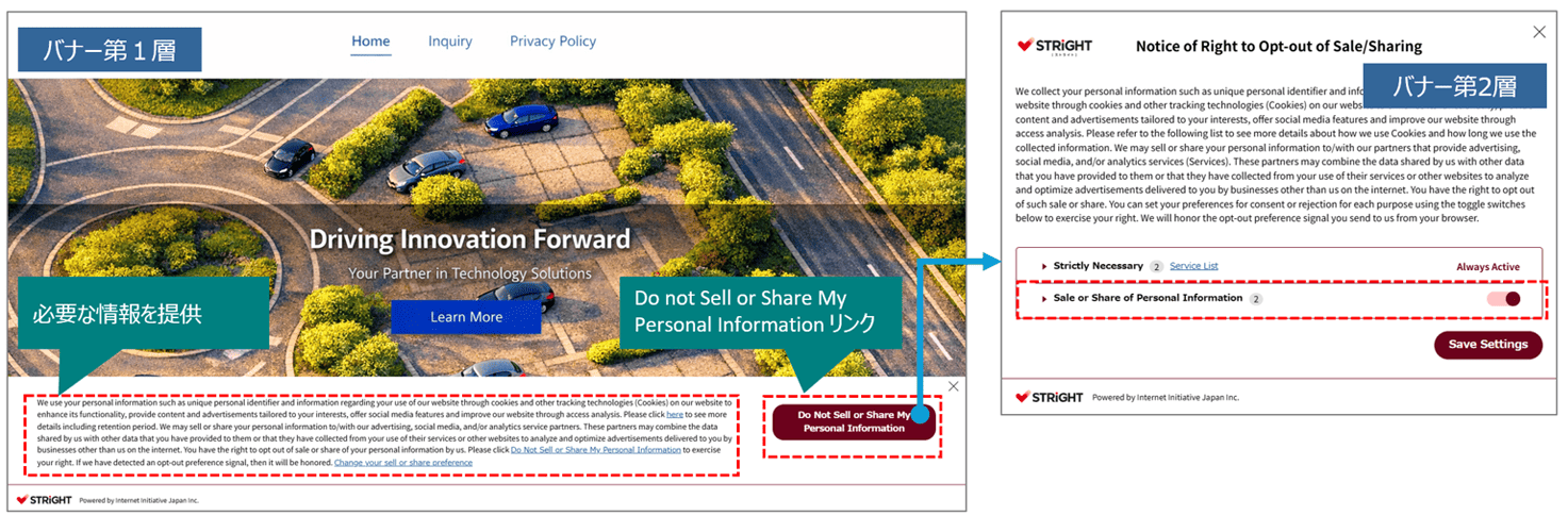 推奨されるCCPAに対応したクッキーバナー例 イメージ
